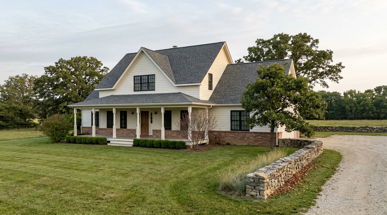 Two-story farmhouse with a deep porch, black-framed windows, gravel drive, mowed lawn, and dry-stacked stone wall.