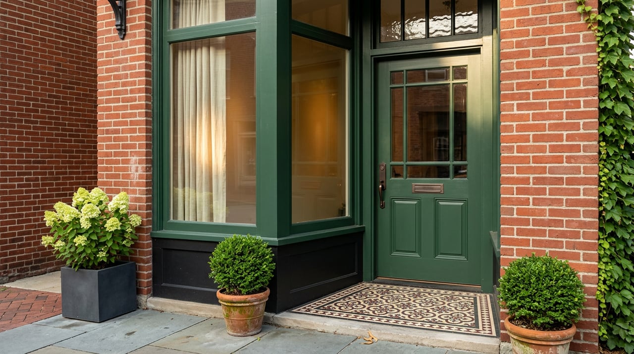 Red-brick storefront with a recessed green entry, patterned tile threshold, and a potted hydrangea.