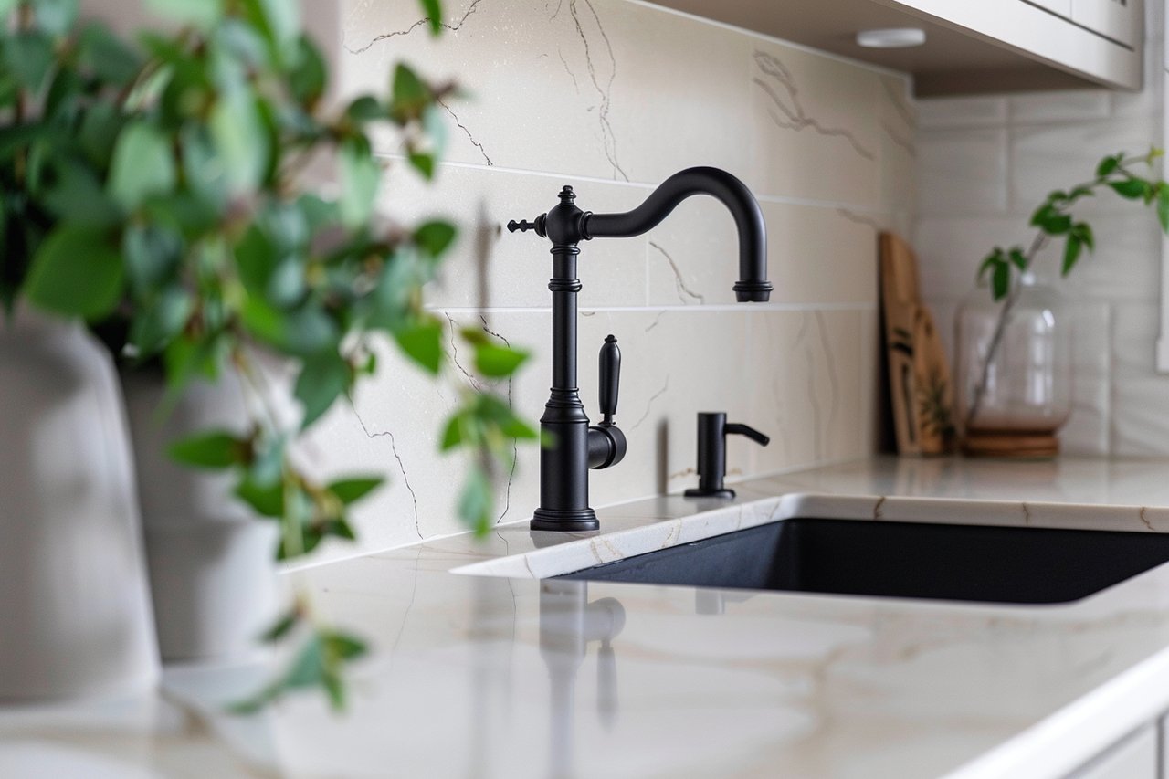 Kitchen sink with a black gooseneck faucet, black basin, and white veined countertop.