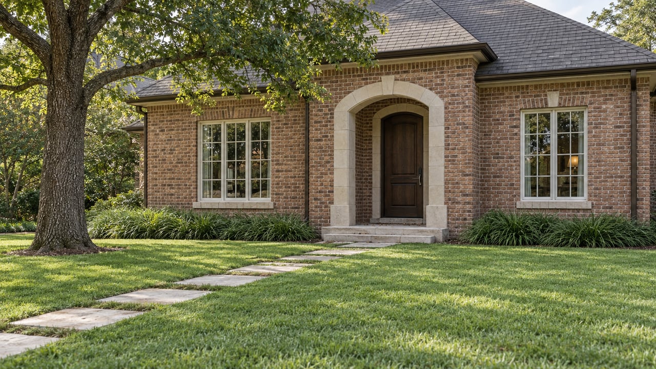 Brick house with an arched oak door, limestone path across a deep lawn, and a mature oak tree.
