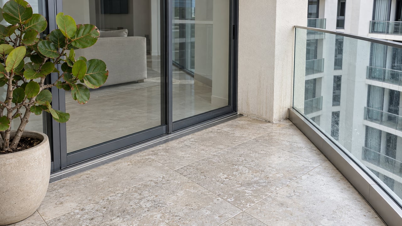 Pale limestone condo balcony with closed dark-framed glass doors, a glass balustrade and one potted sea grape tree.