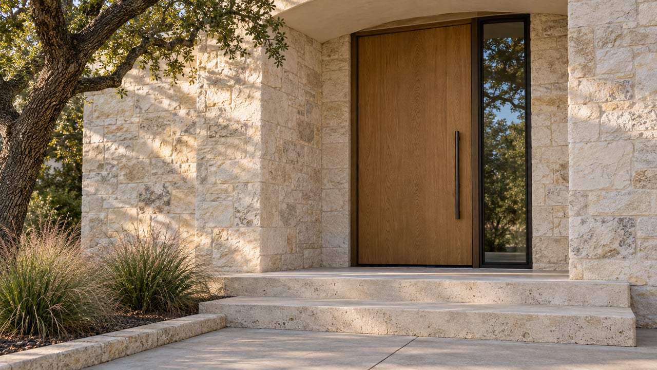 Recessed white-oak entry door with a glazed sidelight, limestone arch and steps, beside an oak tree.
