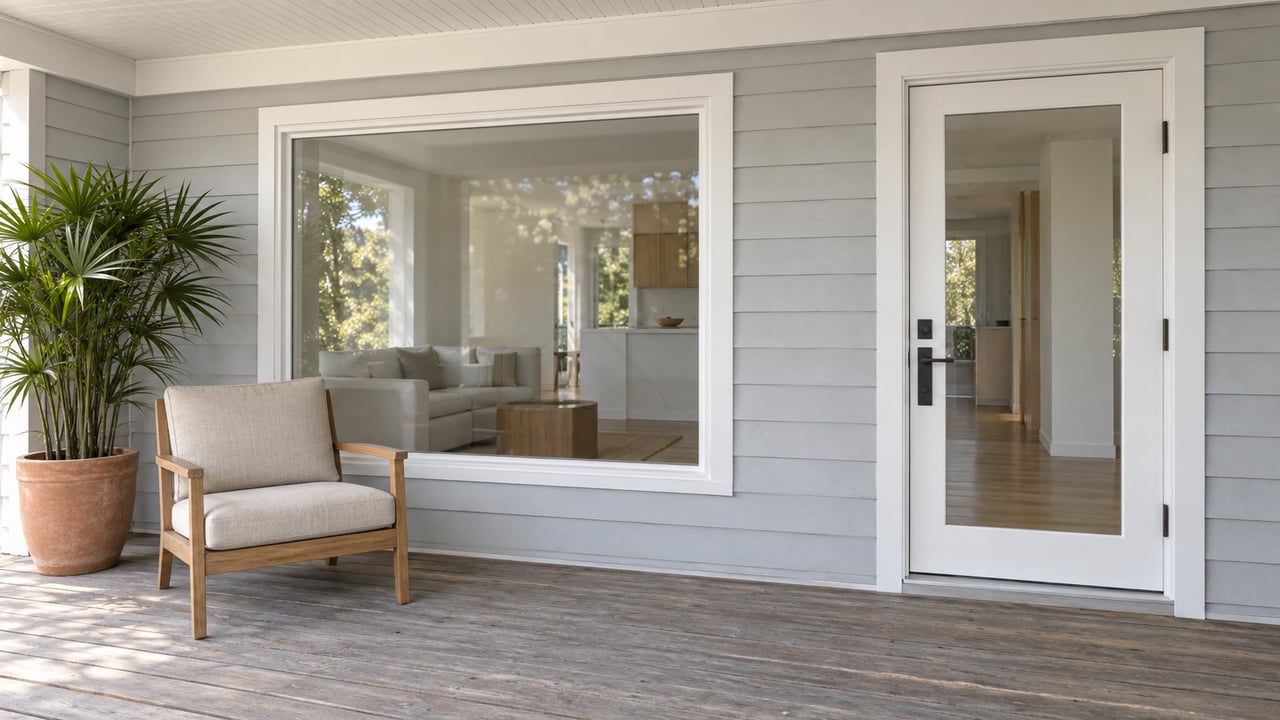 Morning light on a covered porch with pale-gray siding, glazed entry, weathered pine decking and a teak chair.