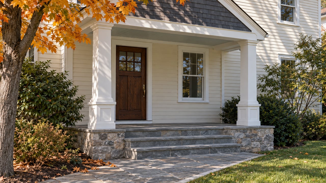 Cream clapboard house with a sheltered oak front door, white porch columns, stone steps and orange maple leaves in October sunlight.