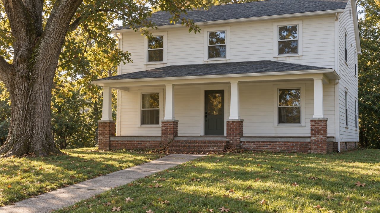 Two-story off-white house behind a broad lawn, with an oak tree and diagonal concrete walkway.