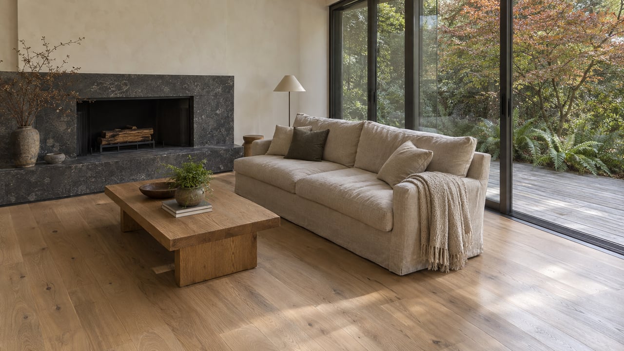 Living room with a broad basalt fireplace, oatmeal sofa, oak table, and glass doors opening onto a cedar deck.