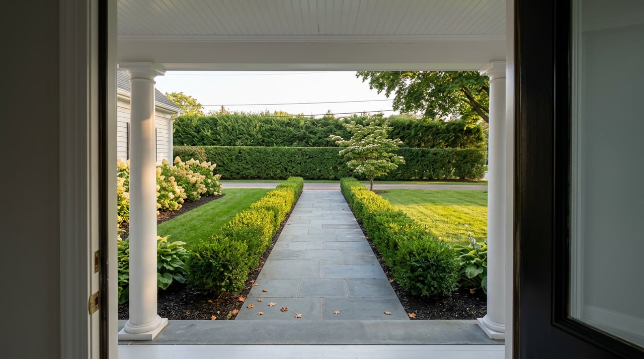 Straight bluestone walk bordered by clipped boxwood hedges, framed by white portico columns and a mature tree.