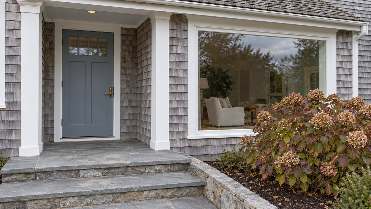 Weathered cedar-shingle home with a blue-gray entry door, white-trimmed picture window, bluestone steps and an autumn hydrangea.