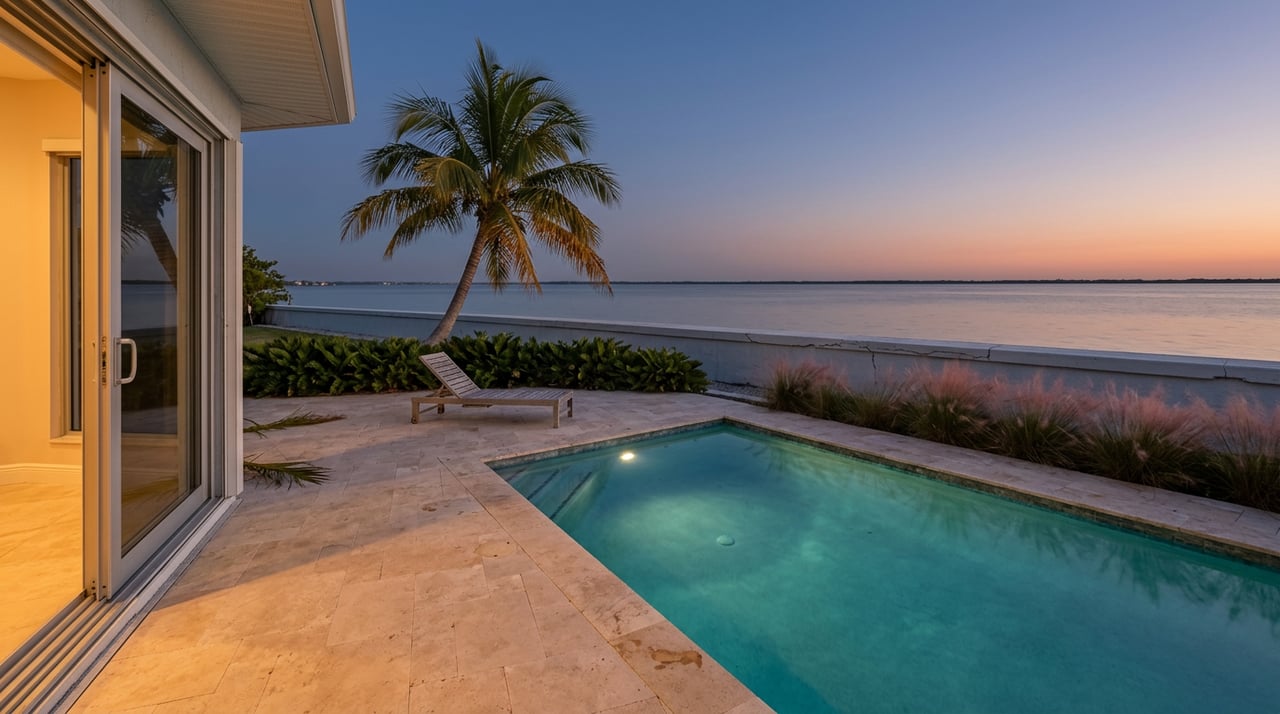 Dusk canal-side pool terrace with turquoise water, travertine deck, leaning palm, and warm light from an open doorway.
