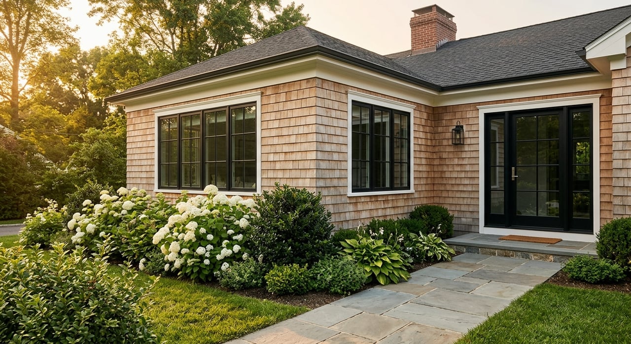 Bluestone walkway curves past hydrangeas and ornamental grasses to a gray-shingle house entry with a stone stoop.