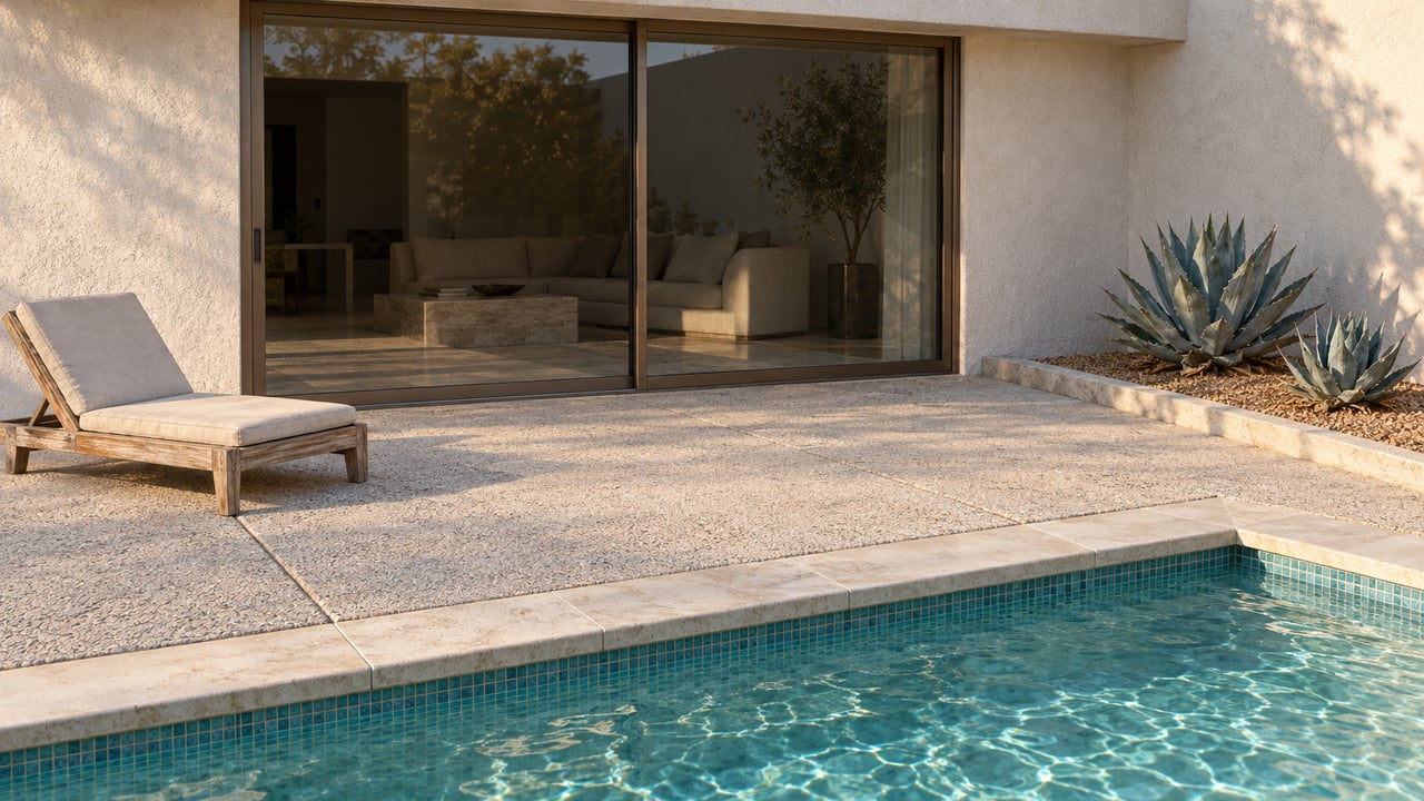 Sunrise washes a single-story home's glass doors and concrete pool terrace, with a teak lounge chair and two sculptural agaves beside blue-green water.