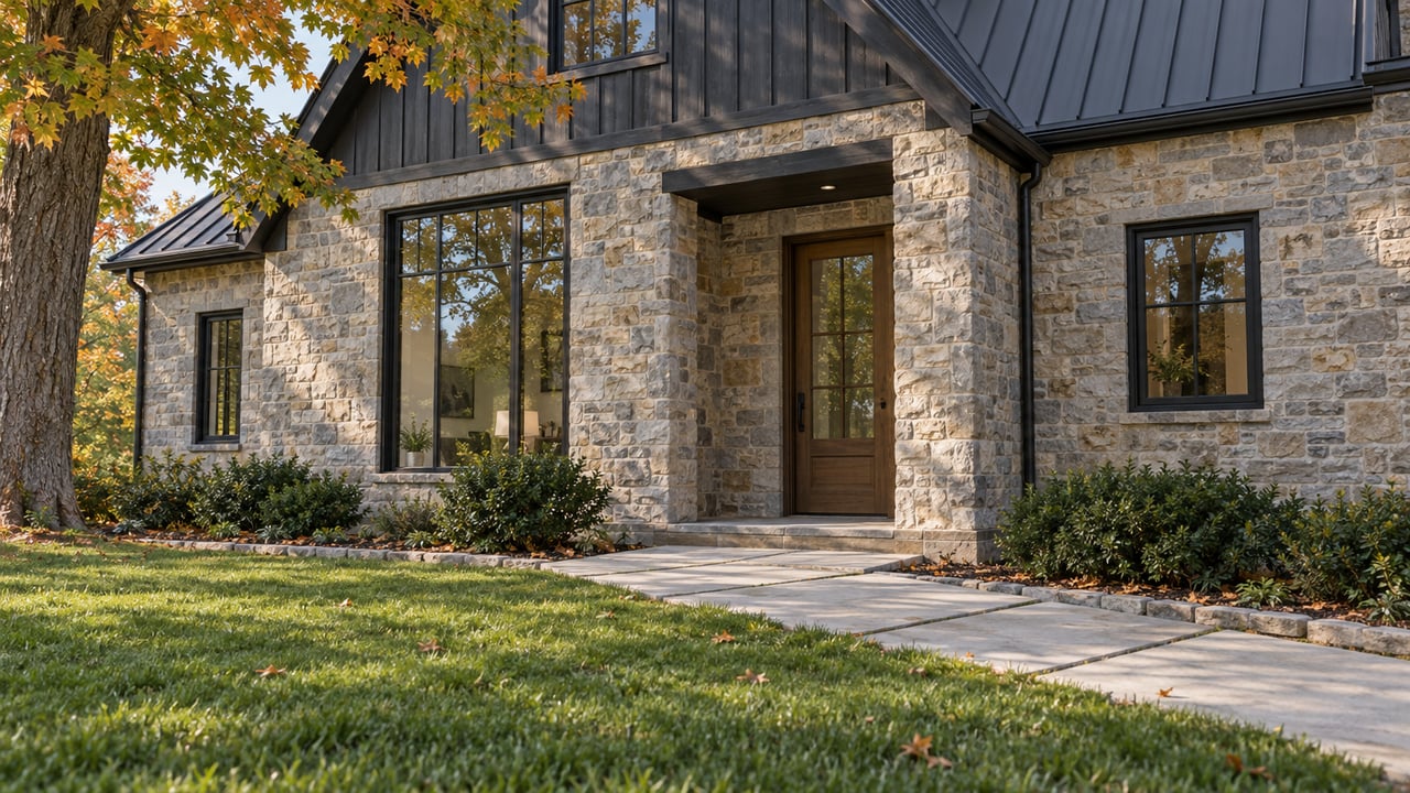 Stone-and-timber house with a glazed oak door, limestone walkway, and amber maple leaves along the lawn.