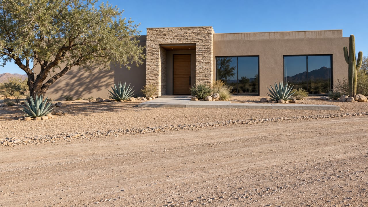 Low taupe desert house with a stone entry, set behind a diagonal caliche road and sparse cacti.