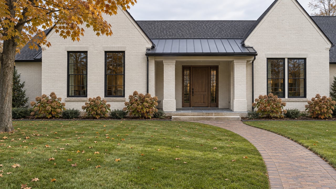 Ivory brick home with steep gables, black-framed windows and a recessed porch beyond a broad autumn lawn and curved brick walk.
