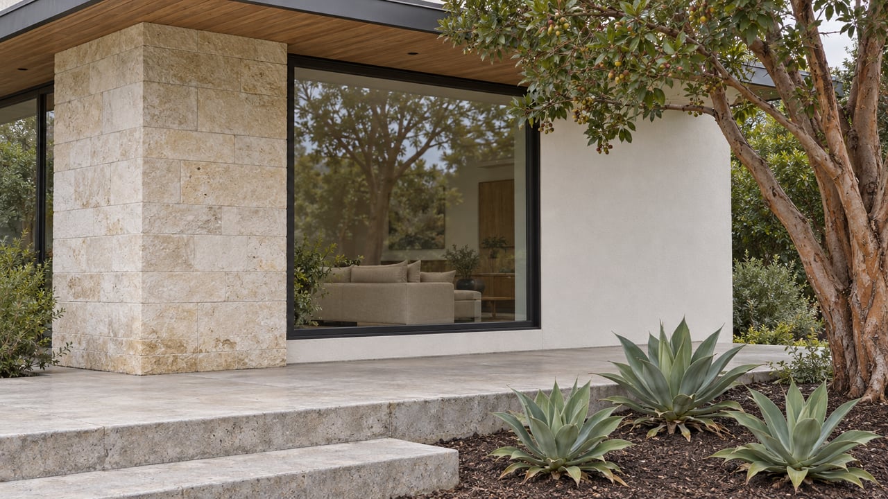 Close architectural photograph of a limestone and stucco home with cedar soffit, broad glazing and a stepped concrete garden terrace.