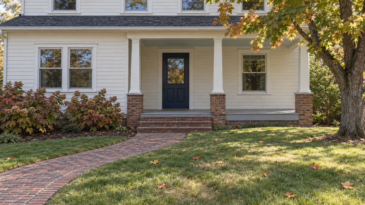 An ivory clapboard home with a brick entry, deep front lawn, and amber maple leaves in clear autumn light.