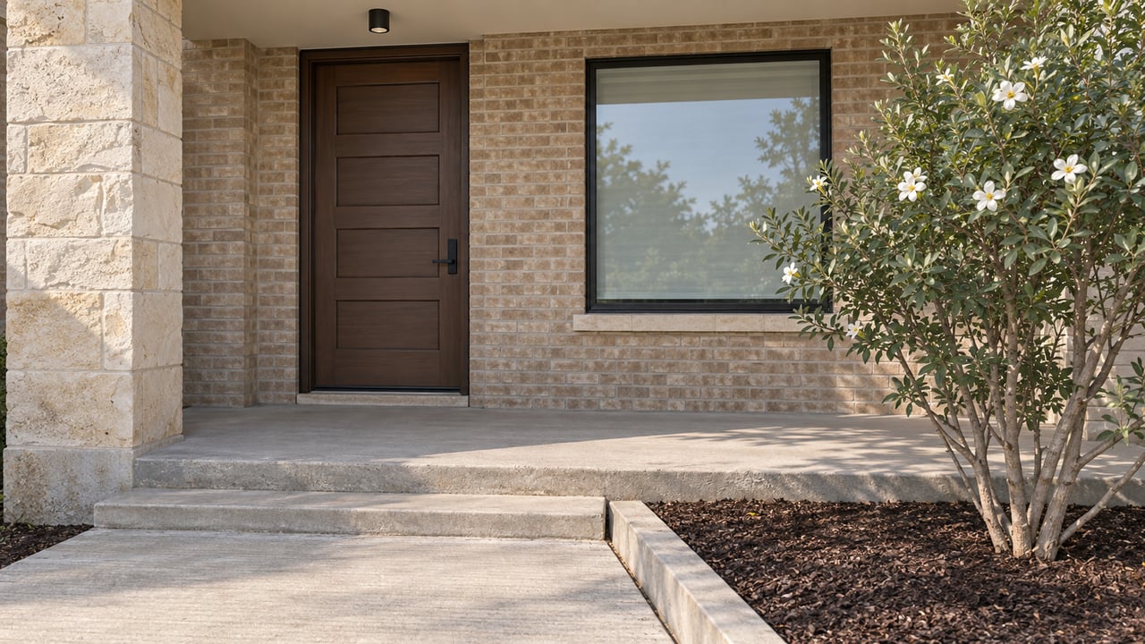 Buff brick and limestone entry with a dark wood door, black-framed window and flowering tree beside a concrete porch.