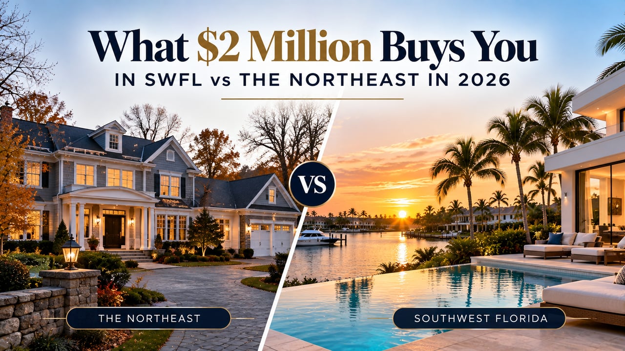 Side-by-side comparison of a luxury Northeast suburban home surrounded by autumn foliage and a Southwest Florida waterfront estate featuring an infinity pool, palm trees, and private boat access at sunset, illustrating what a $2 million real estate budget buys in Naples and Southwest Florida versus New York, New Jersey, Connecticut, and Massachusetts in 2026.