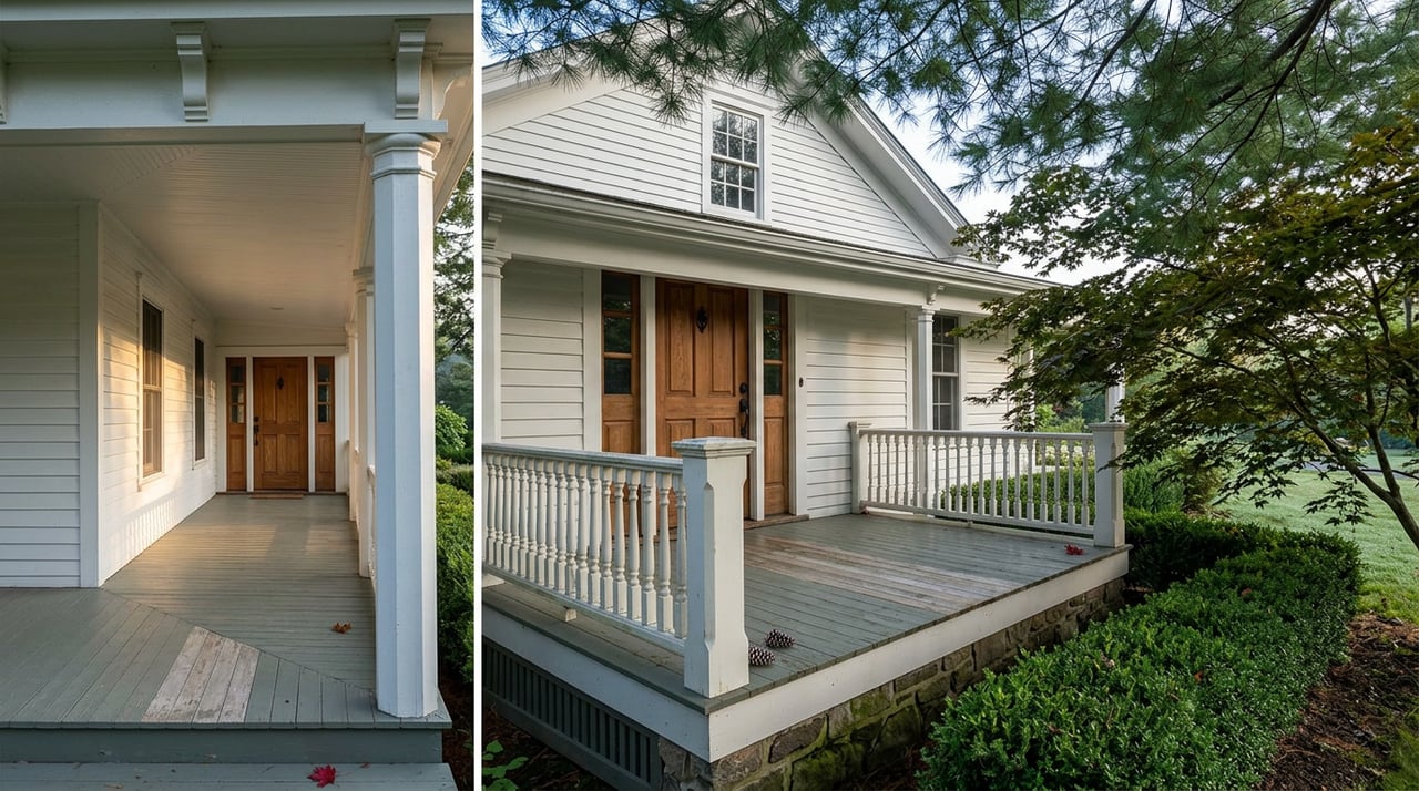 White clapboard porch corner with a fluted column, paneled door, pine cones on the floor, and a maple beside the steps.