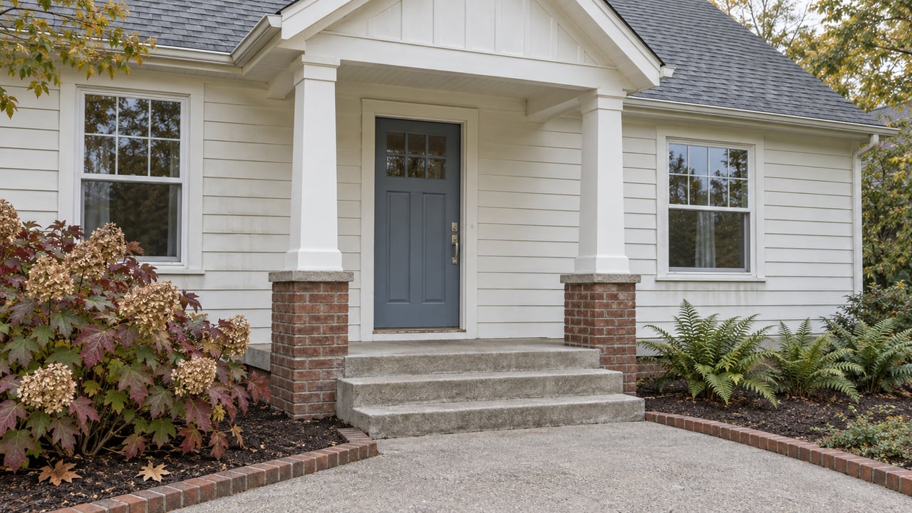 Gabled front porch of a white-sided home with brick foundation, blue-gray door, and autumn oakleaf hydrangea beside the concrete approach.