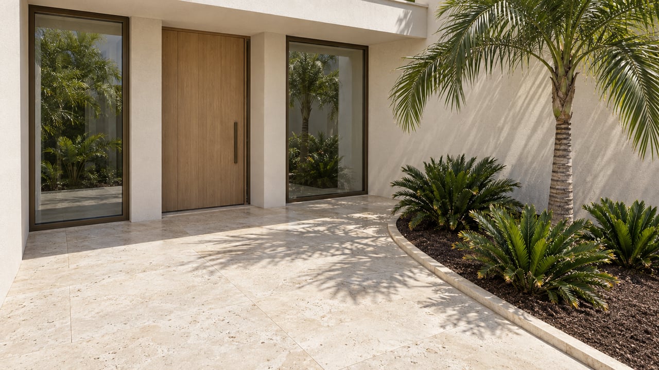 Pale stucco home with bronze-framed glazing, a limestone entry walk and a sculptural palm in a carefully edged planting bed.