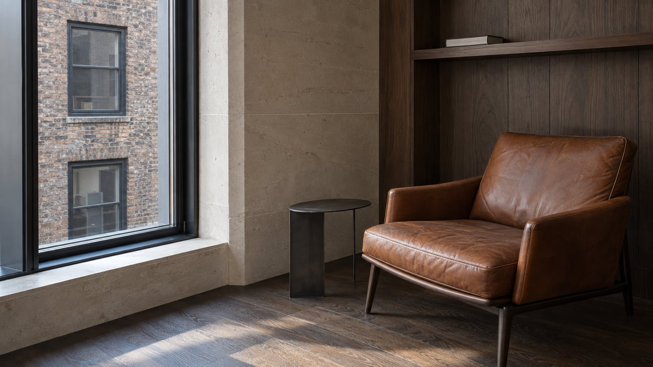 Cognac leather chair beside a steel-framed window overlooking a close brick facade.