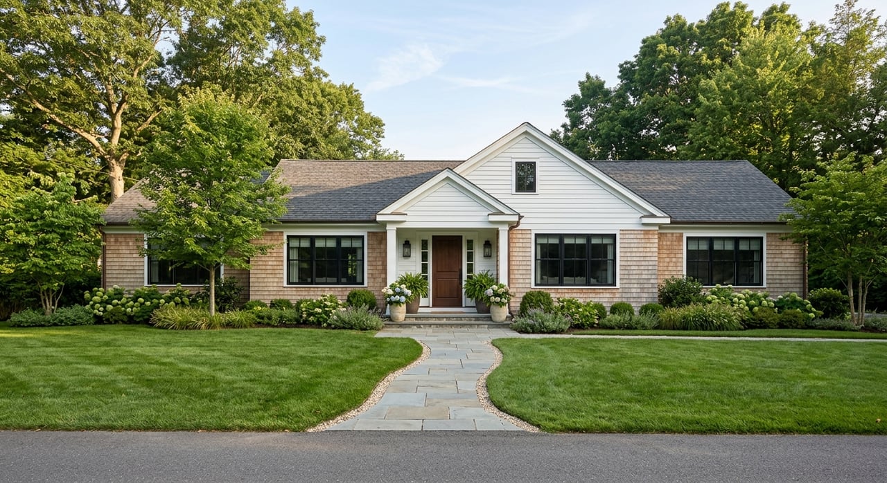 Gray-shingled ranch with a navy entry door, curved bluestone walk, and deep green lawn.