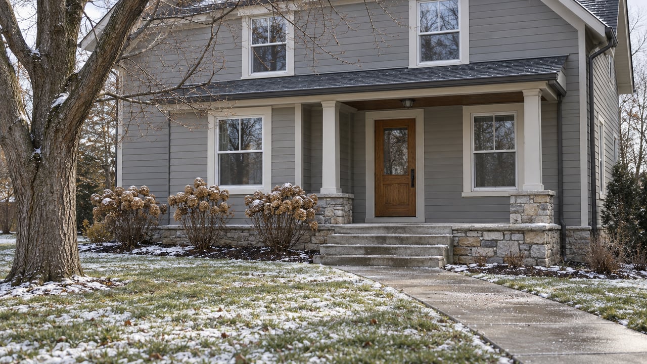 Winter view of a gray clapboard home with a covered oak entry, limestone foundation, and a cleared walkway through lightly snow-covered lawn.