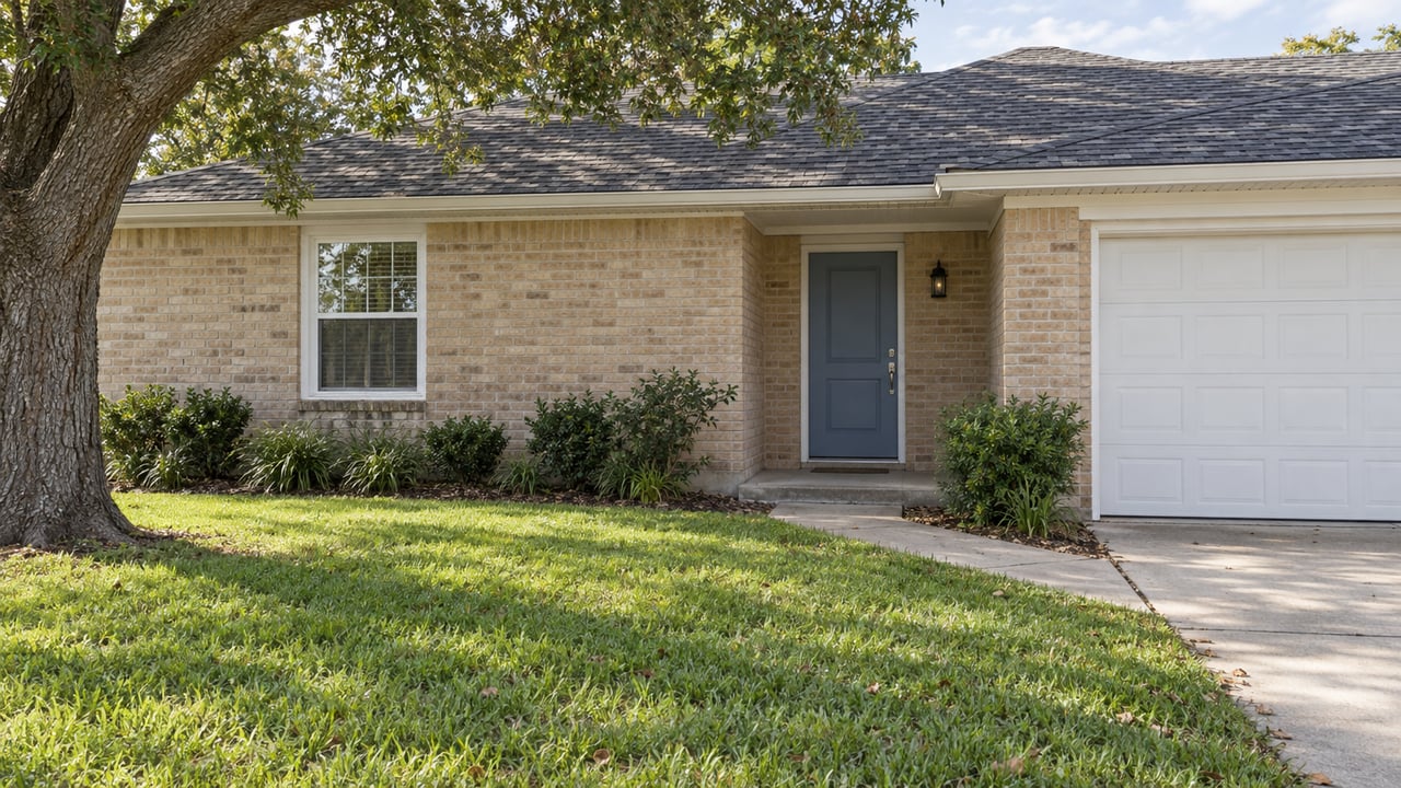 Single-story sand-colored brick house with a blue-gray entry, white garage, deep lawn, and oak at left.