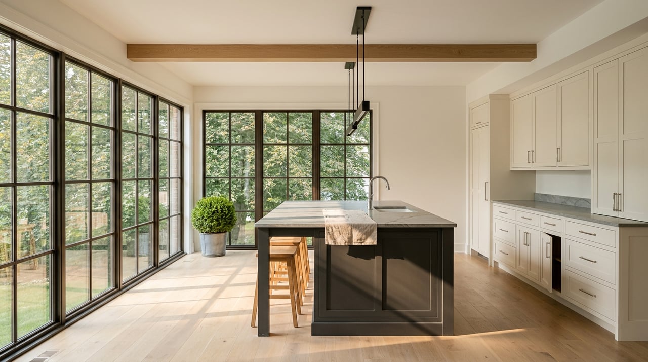 Open-plan kitchen with charcoal island, oak stools, steel-framed windows, and sunlight casting mullion shadows across the floor.