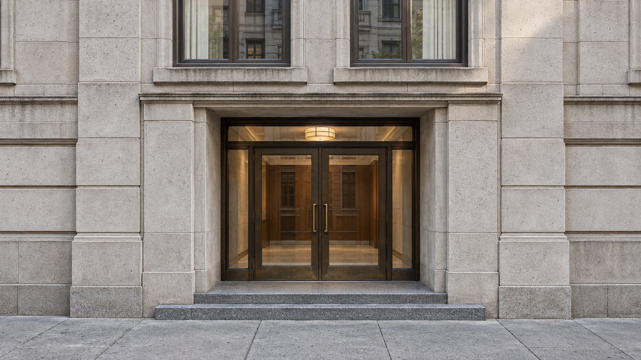 Close view of a limestone apartment entrance with paired bronze-framed glass doors, tall windows and worn granite steps.