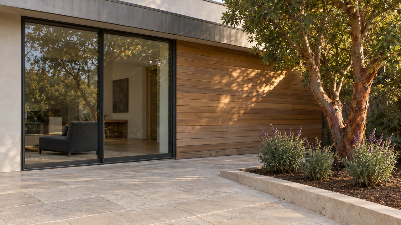 Close view of a contemporary home's cedar and stucco corner, closed bronze-framed glass door, limestone terrace and sculptural strawberry tree.