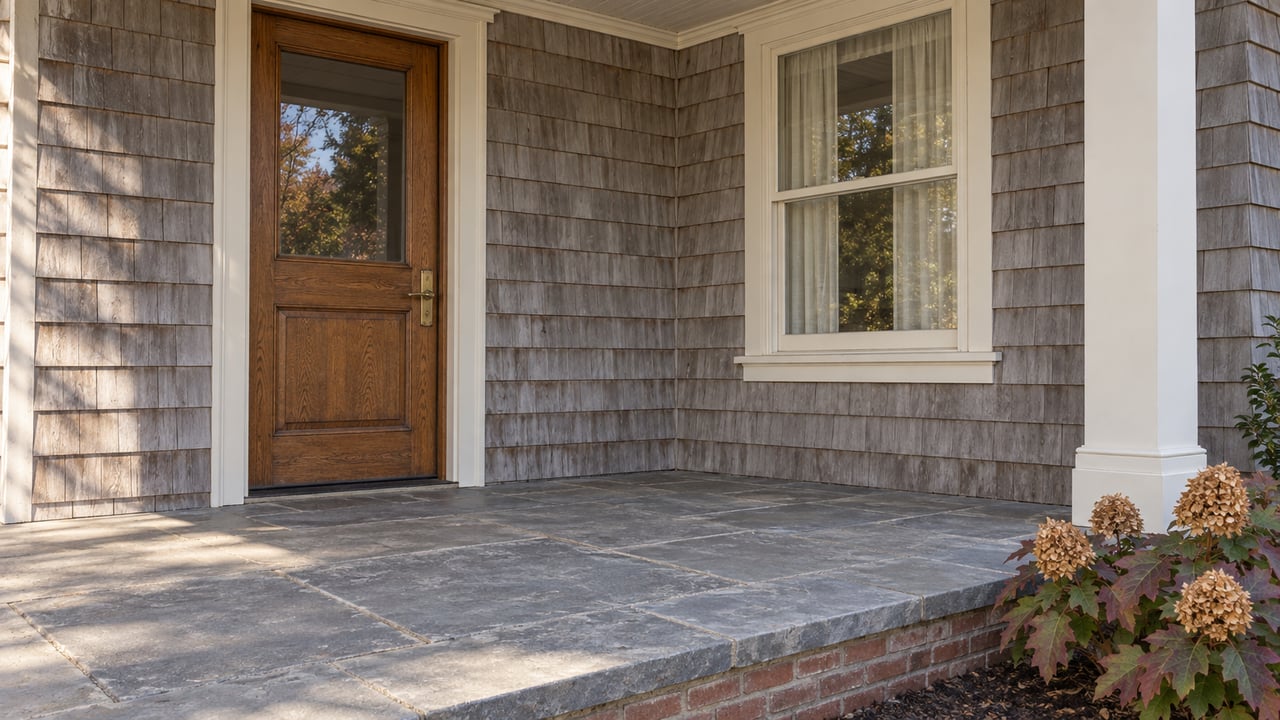Covered entry with an oak door, gray cedar shingles, ivory trim and a bluestone porch beside autumn oakleaf hydrangea.