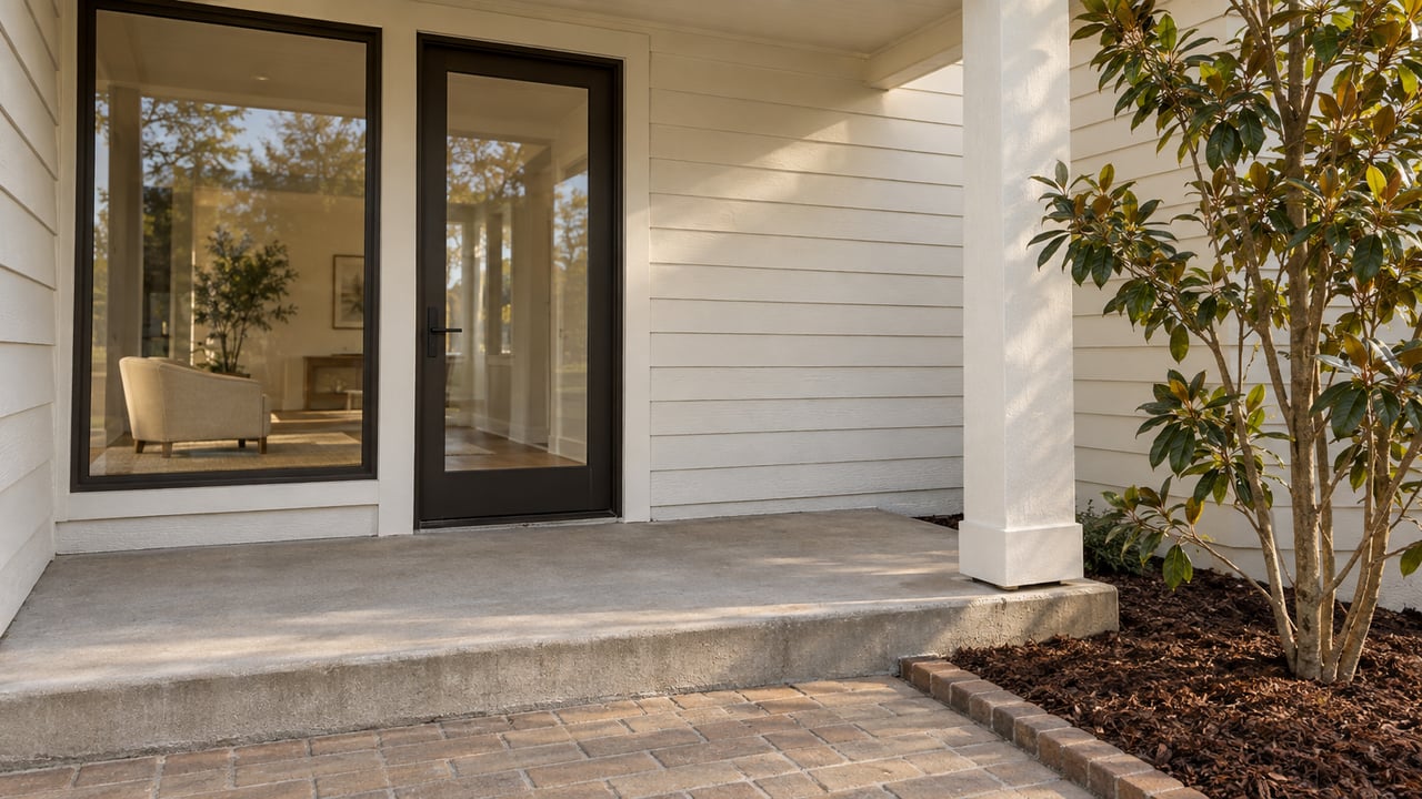 Covered home entry with a black-framed glass door, concrete porch, and brick walkway.