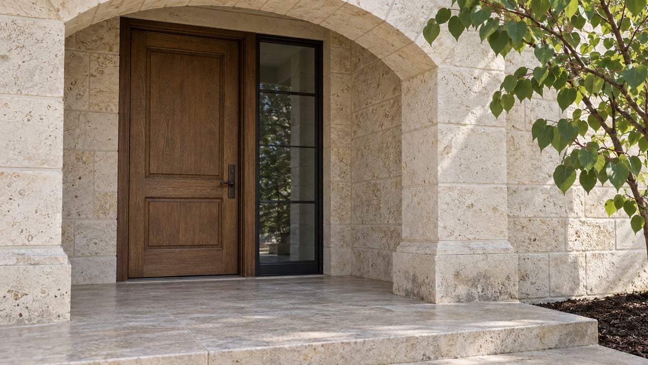 Sunlit limestone entry with a recessed oak door, black-framed sidelight and a heart-leaved redbud beside the stone landing.