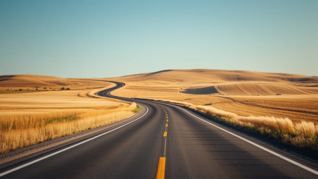 Winding road through golden fields beneath a clear blue sky.