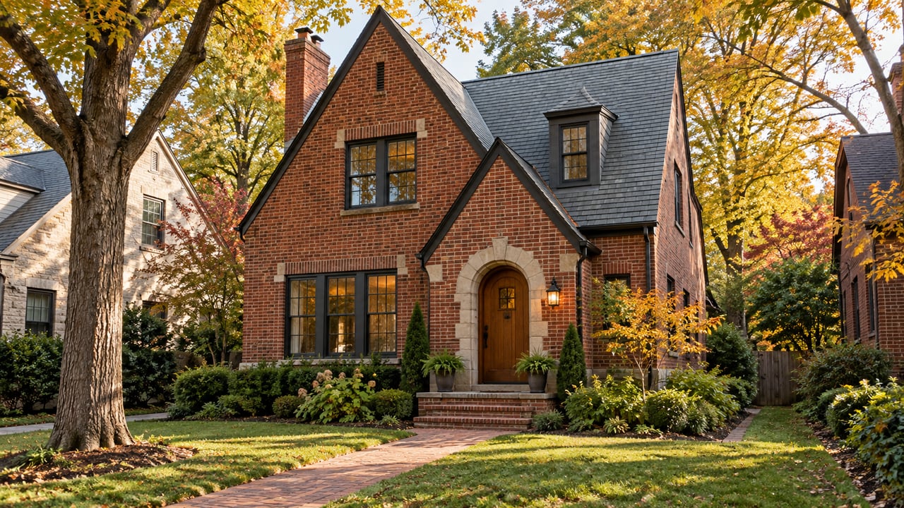 Illustrative Nashville-style red-brick Tudor cottage with an arched wood entry, brick walkway and mature autumn trees.