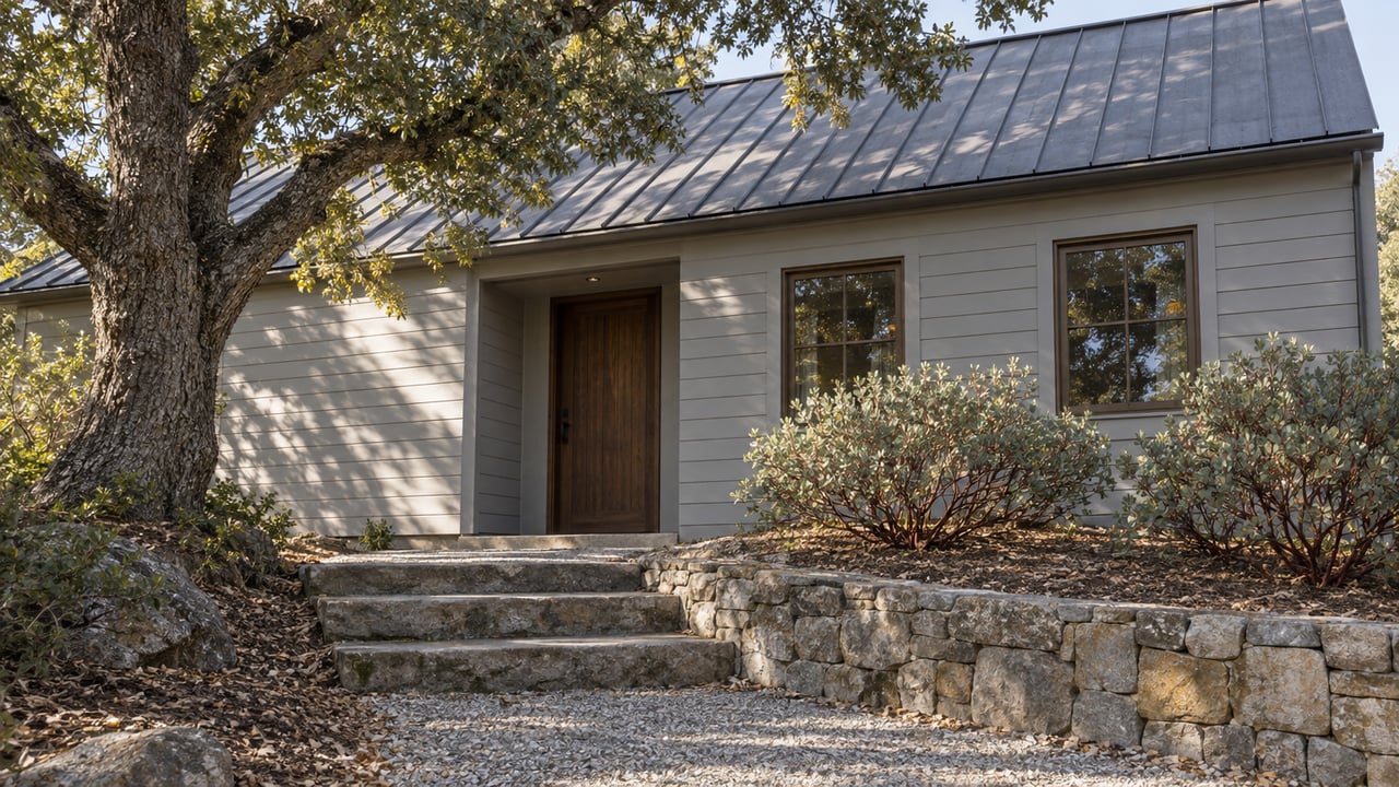 Gray-sided gabled house with a cedar door, stone steps, and an oak canopy.