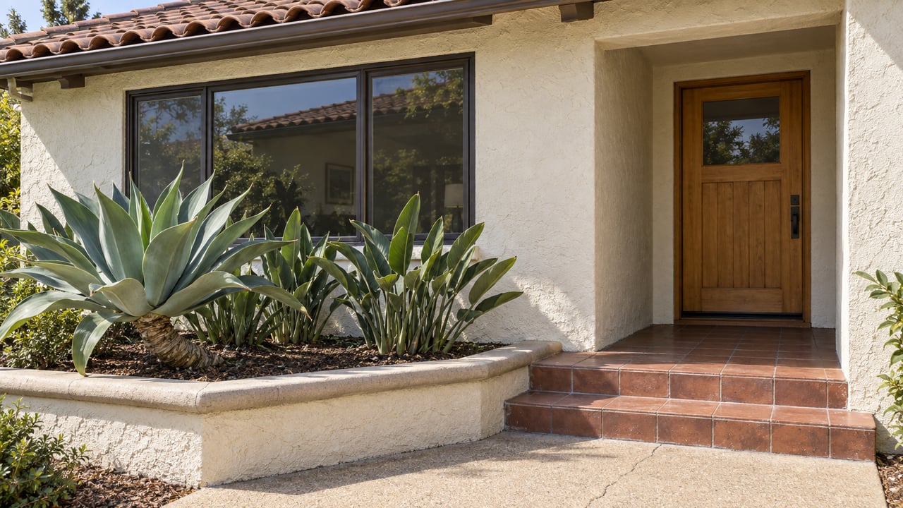 Cream stucco home with terracotta roof tiles, a bronze-framed window, timber entry door, and a tiled porch beside sculptural planting.