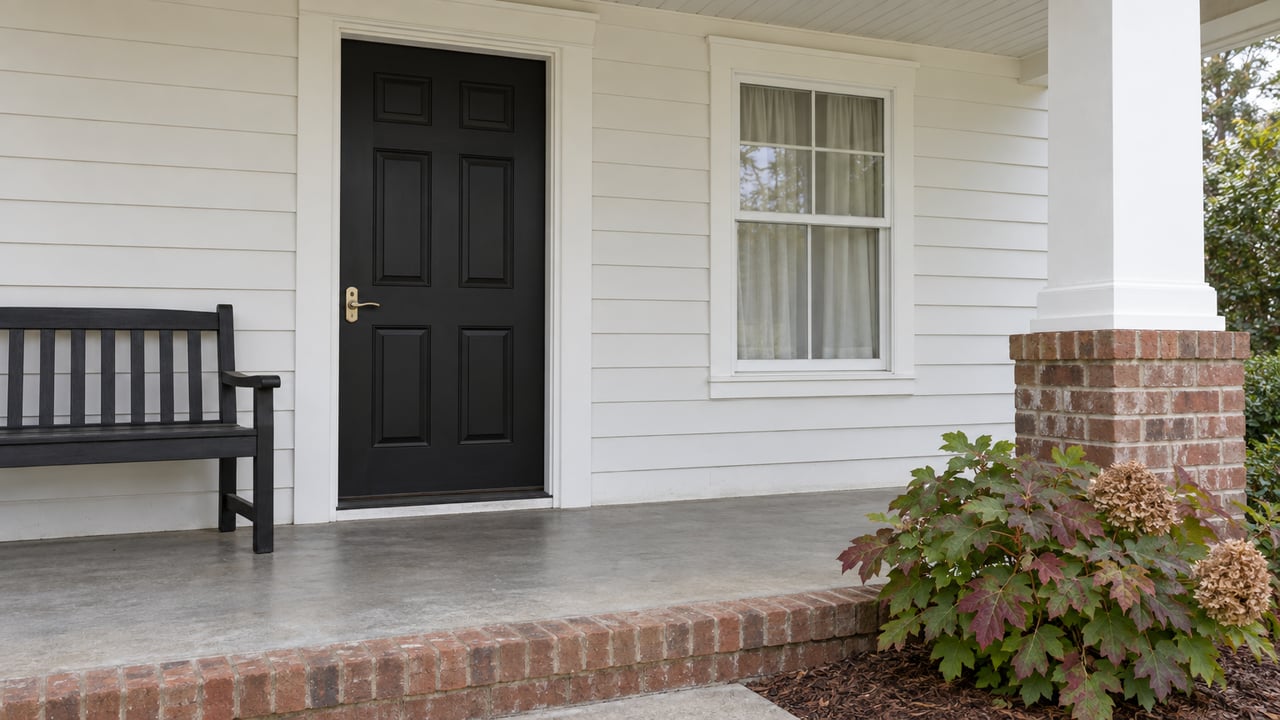 White-sided home's covered porch with a black front door, wooden bench, brick-edged concrete floor and autumn oakleaf hydrangea.