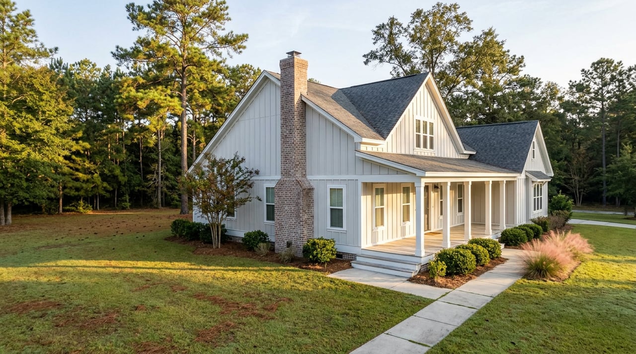 White two-story home with a covered porch, broad lawn, and mature pines and oaks behind it.