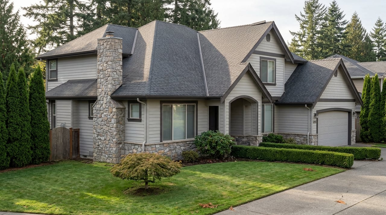 Two-story gray-beige home with intersecting gables, a stone chimney, arched entry, and clipped front hedge.