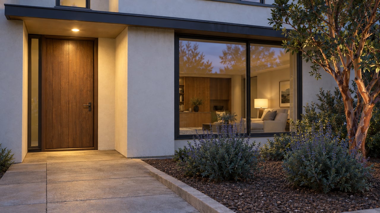 Blue-hour view of a plaster home's sheltered oak entrance and bronze-framed living-room window beside a small planted bed.