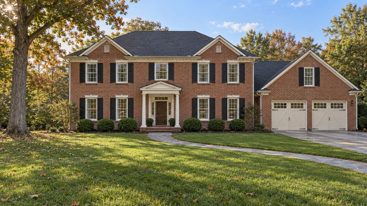 Traditional two-story red-brick home with white trim, black shutters, a deep front lawn, and a mature oak in afternoon light.