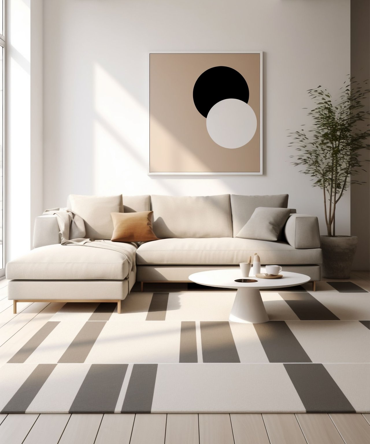 Bright living room with a cream sectional, geometric rug, and sunlight streaming through a tall window.