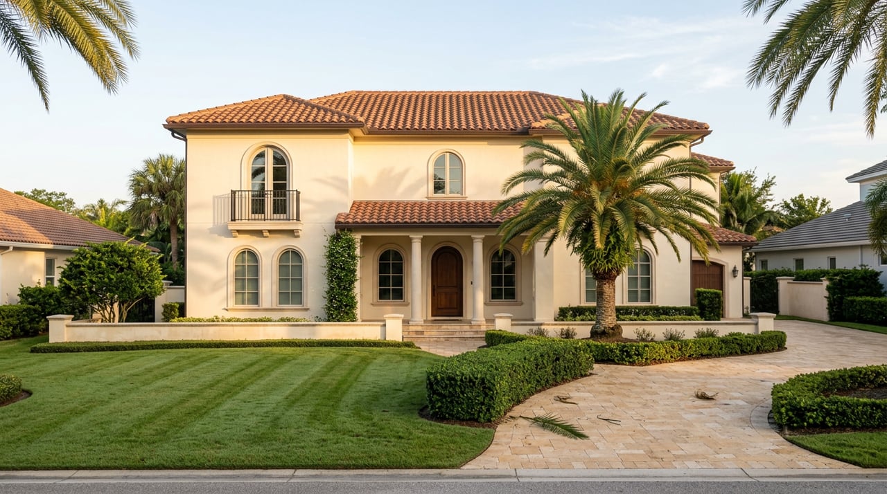 Two-story Mediterranean-style home with terracotta roof, arched windows, columned entry, palm tree, lawn, and curved paver driveway.