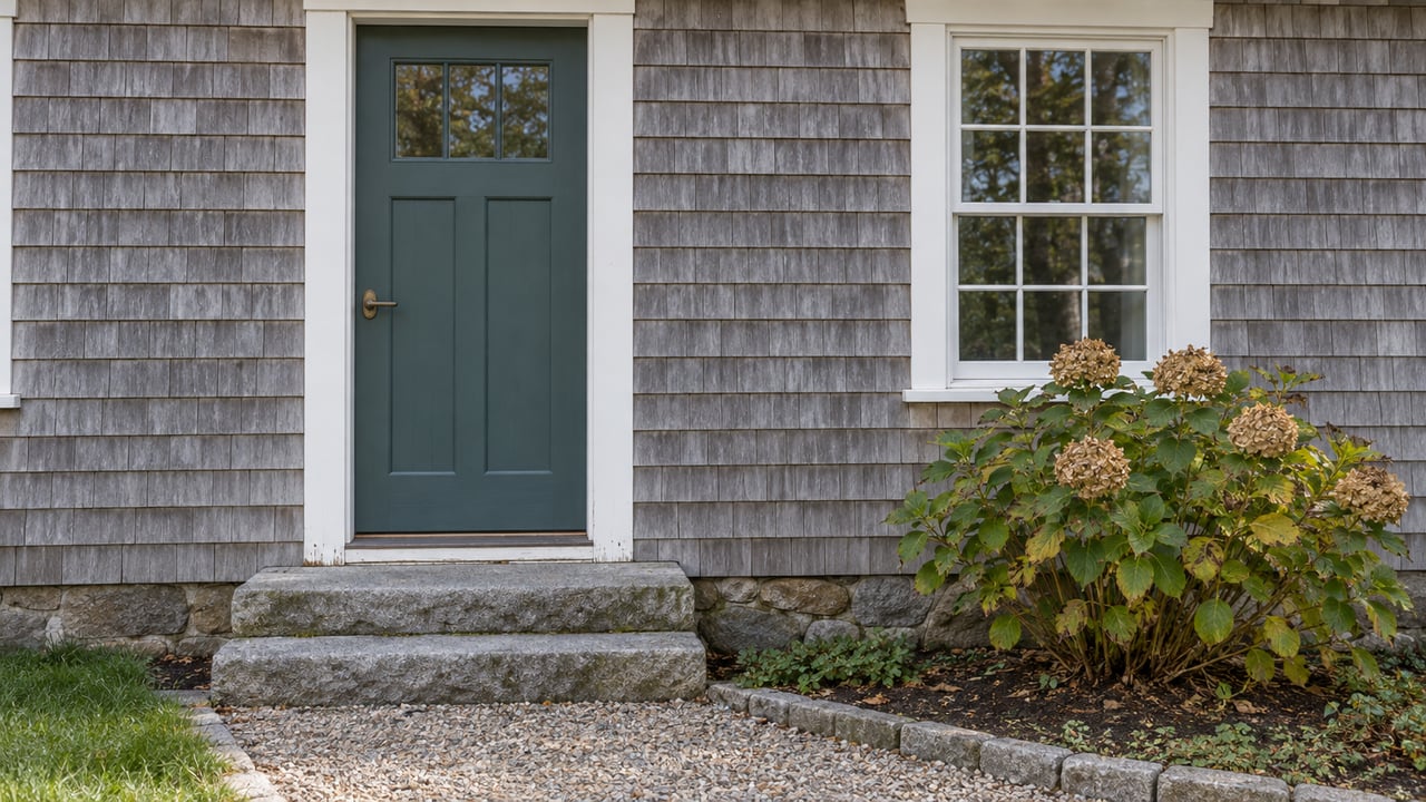 Weathered gray cedar cottage entrance with a muted teal door, white-trimmed window, granite steps and an autumn hydrangea.