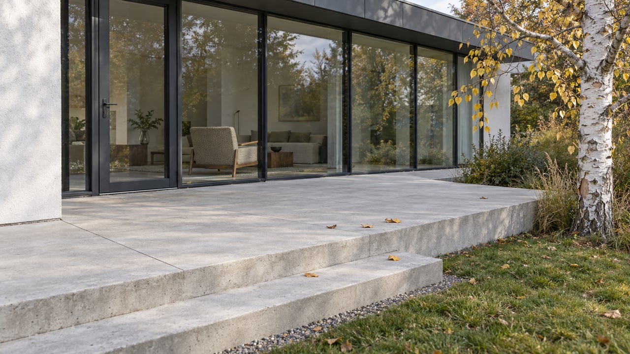 Pale concrete terrace and broad steps beside dark-framed glazing, with a white-barked birch and autumn lawn.