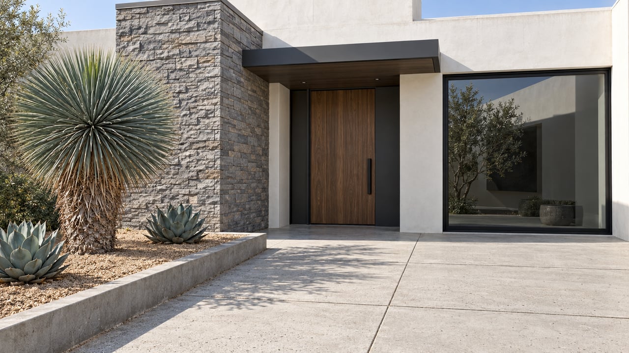 Contemporary white stucco home entry with gray stone, walnut door, black-framed glazing and sculptural desert planting beside a broad concrete approach.