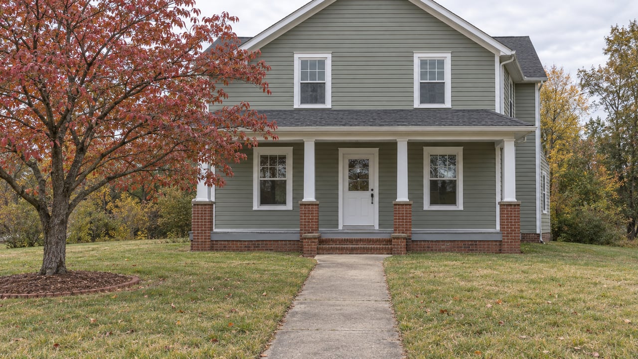 Green-gray two-story house with white porch posts, brick foundation and a deep lawn beside a red-leaved flowering dogwood.